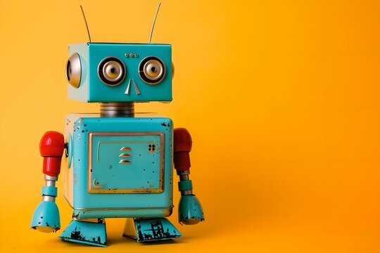 Vintage toy robot standing on a yellow background. Retro style, 50s and 60s. Technology and nostalgia concept. Design for banner, poster with copy space