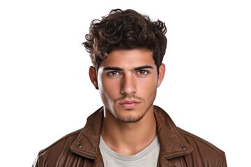 A man in a brown leather jacket looking at the camera. Suitable for various projects