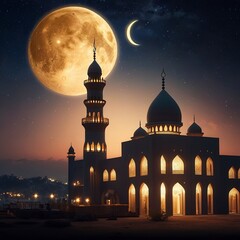 Eid ai fit Muslim mosque stand starry night adorned with a crescent moon photograph the essence of Ramadan Mubarak