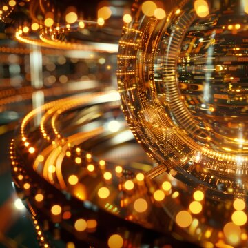 Close up of a swirling quantum computer core digital and physical blend