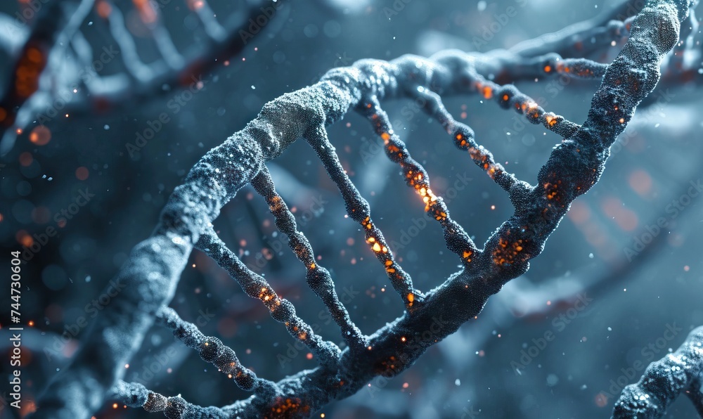 Poster detailed rendering of a dna molecule with glowing segments against a dark background