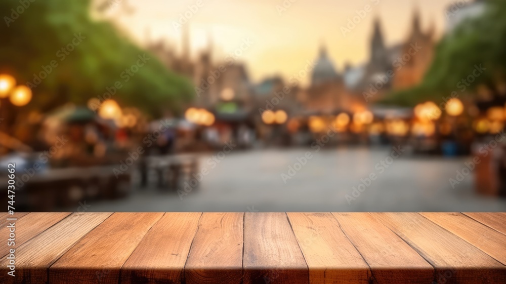 Poster the empty wooden table top with blur background of town square. exuberant image. generative ai