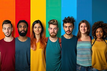 Diverse group of young adults against colorful backgrounds - obrazy, fototapety, plakaty