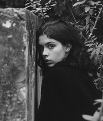 Pensive Young Woman Peering Around Corner in Monochrome