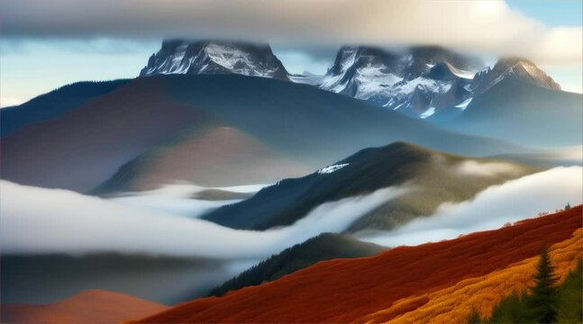 Depict the vibrant contrast of autumn colors against the soft backdrop of mountains cloaked in clouds and fog