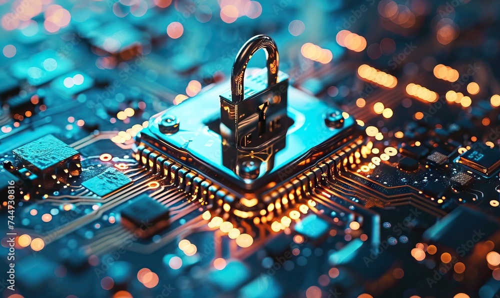 Poster Cyber security concept with padlock on circuit board
