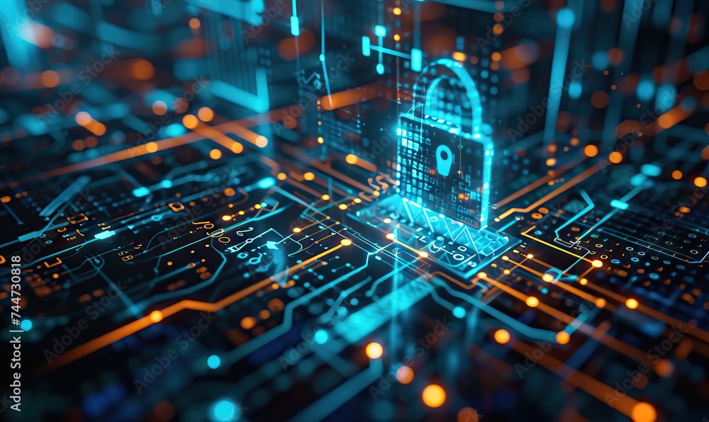 Poster cybersecurity concept with digital padlock on circuit board