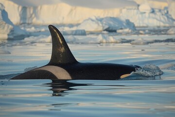 An orca pod swimming in the cold blue waters of the Arctic, their black and white colors stark against the icy seascape