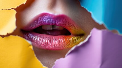 Vibrant lips peek through colorful torn paper