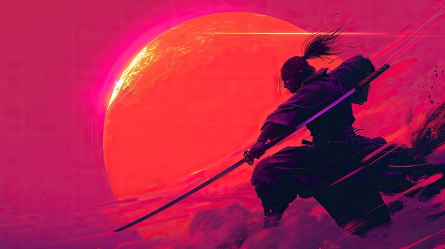 Cyber samurai sunset battle stance