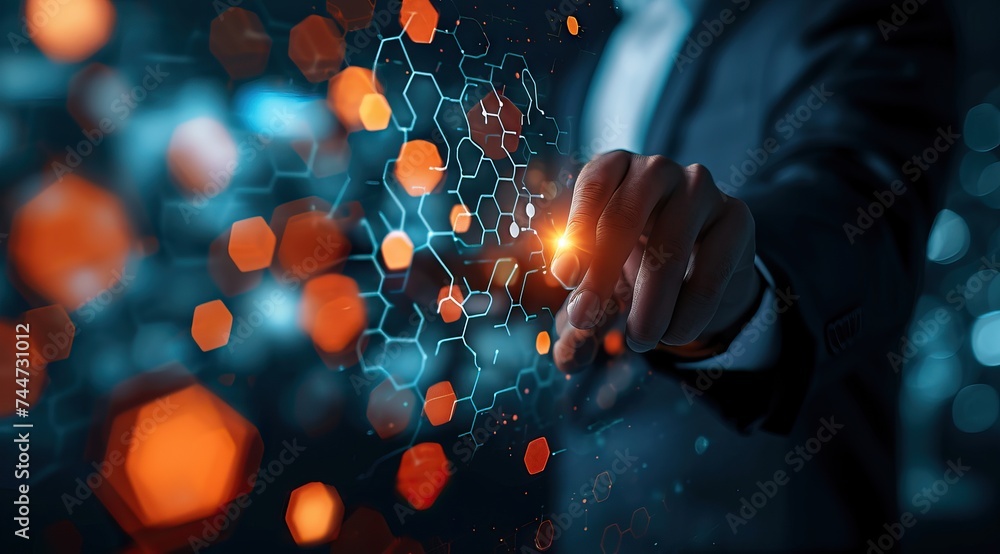 Poster close-up of a businessman interacting with a 3d digital hexagonal structure