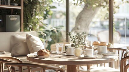 Sunlit café corner with fresh morning setting