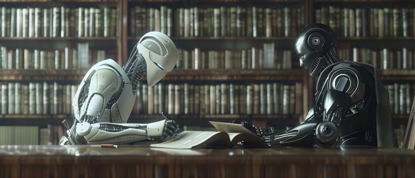 Human and robot studying ancient texts together in a 3D rendered futuristic library