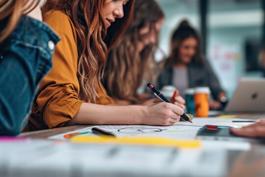 Close-up of a diverse group of women in a collaborative workspace
