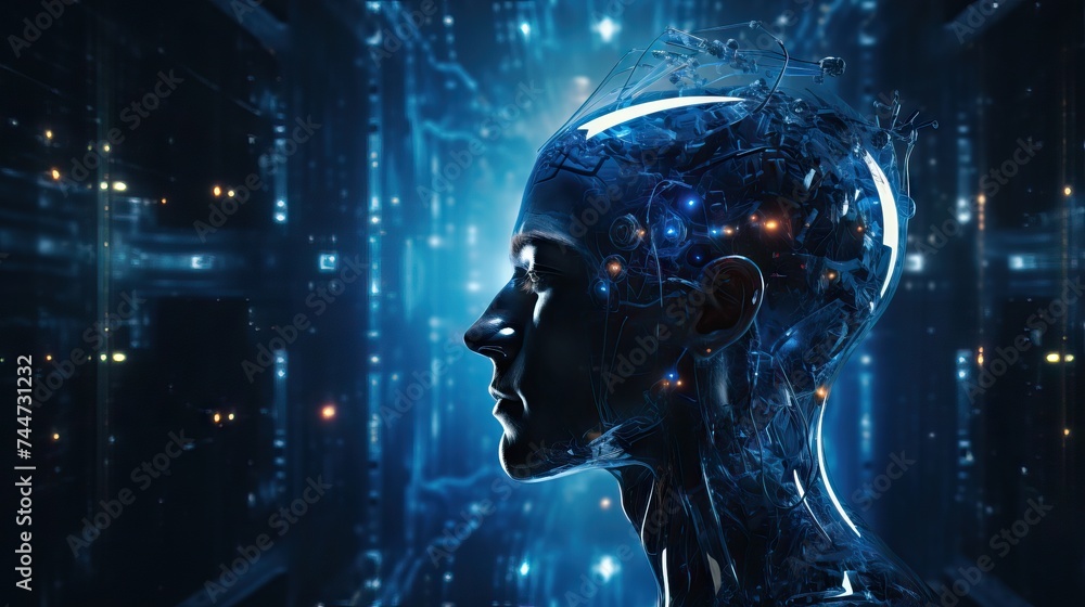 Aufkleber digital illustration of an ai humanoid with a transparent head showcasing circuitry and data streams