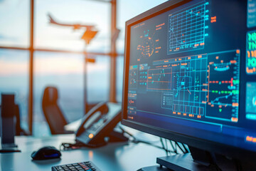 Air traffic controllers navigation system screen showing aircraft positions and data within a control centers operations room to ensure the safety of aircraft flights - obrazy, fototapety, plakaty