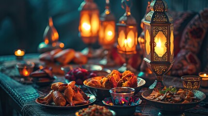 Traditional arabian feast setup with lanterns - obrazy, fototapety, plakaty
