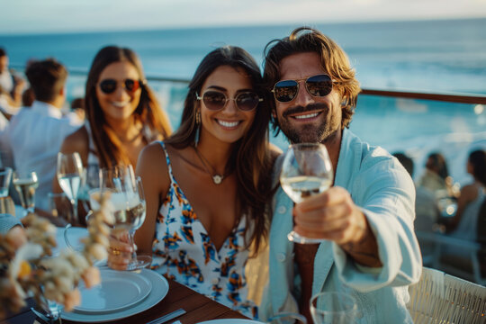 Smiling couple raises glasses in toast during beach event at sunset. Elegant man and woman toasting at a beachside banquet. Lives of rich and successful people