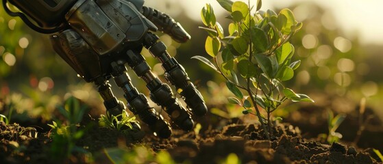 Technology merging with traditional farming a robot hand planting a tree close up on the interaction