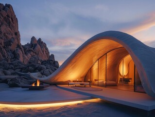 Spectacular serene shelter in a desert oasis showcasing efficiency and unique architecture at sundown