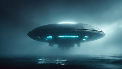 Moody painting of big UFO outer space transportation landing in foggy misty ocean landscape. Blue lights lighting up in spooky scenic location.