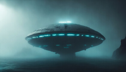 Obraz premium Moody painting of big UFO outer space transportation landing in foggy misty ocean landscape. Blue lights lighting up in spooky scenic location.