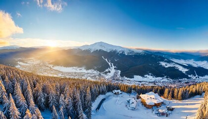 aerial winter view of bansko ski resort in bulgaria at sunrise - obrazy, fototapety, plakaty