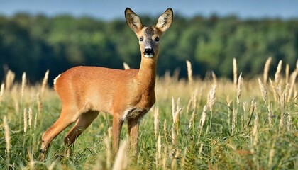 Naklejka na ściany i meble wild female roe deer in a field
