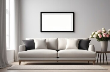 empty mockup picture frame on the wall, interior of a modern living room, minimalist interior, lounge area with a white sofa, indoor plants, poster template