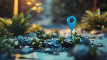 Tuinposter Discover the Perfect Blue Location Symbol Pin Icon: Your Ultimate Navigation Locator for Travel, GPS Direction, and Map Marking - Stunning 3D Render for Graphic Designs © Ashi