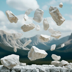 Abstract white stones suspended in mid-air, creating a surreal and fantasy-like scene with a mountainous backdrop.