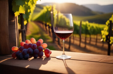 a glass of red wine on a wooden table, a bunch of grapes, sommelier, wine expert, wine tasting, winery concept, grape plantation on the background, sunlight