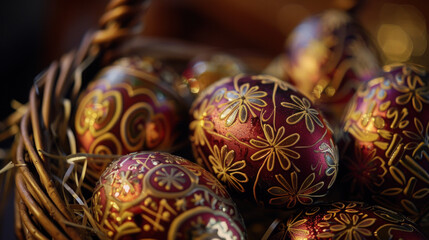 A close-up of intricately decorated Easter eggs in a basket.