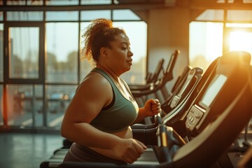 Determined woman exercising on treadmill at sunset