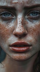 Close-up portrait of a freckled woman with mesmerizing eyes