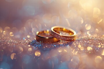 Golden wedding rings on sparkling background - obrazy, fototapety, plakaty