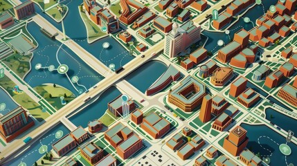  Urban navigation: futuristic city map illustration with technology integration - explore location and connectivity concept 