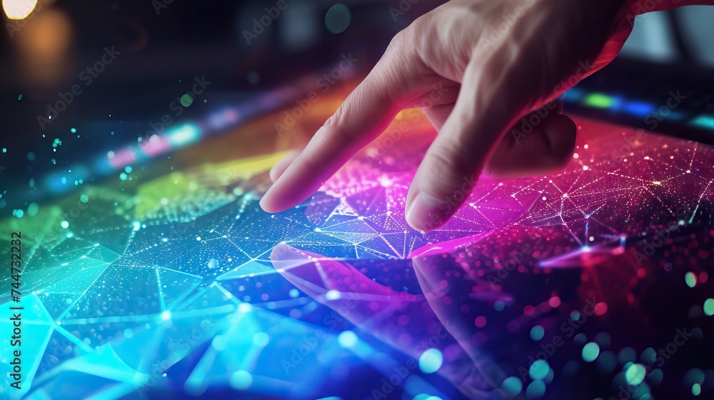 Aufkleber close-up of a hand interacting with a colorful virtual touch interface with dynamic lines