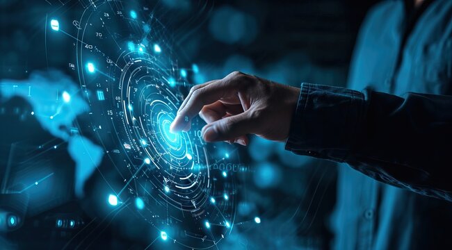 Person interacting with an advanced touch interface technology with glowing blue visuals