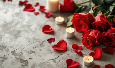 Romantic red roses and candles on textured surface