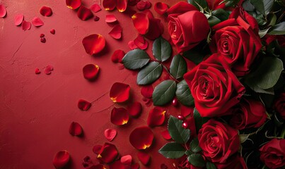 Lush red roses and petals on a textured background