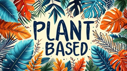 Colorful illustration promoting a plant-based diet, surrounded by vibrant foliage - obrazy, fototapety, plakaty