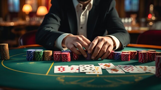 High stakes poker - gambler placing chips on table