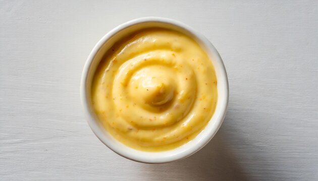 top view on a cup of cheese sauce on white background