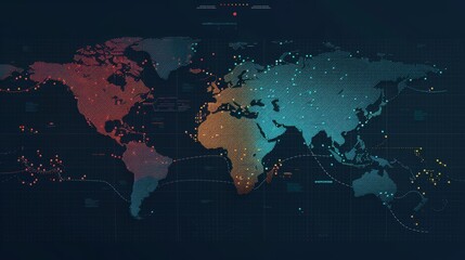 Vibrant halftone world map: creepy dotted design with distinct continent colors - vector illustration