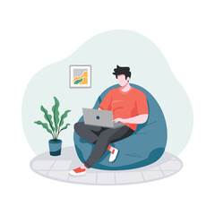 A man is sitting on a bean bag chair using a laptop for work flat illustration, work at home, remote
