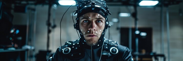 Man in a motion capture suit for a video game development session, innovative and focused,