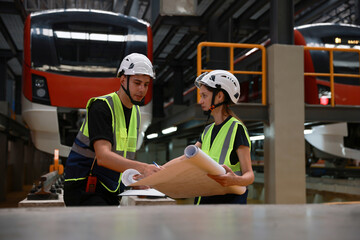 Male and female rail engineers working with blueprint drawing in electric train garage