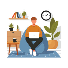 A man is sitting on a bean bag chair with a laptop for work. flat illustration. Flat vector graphic