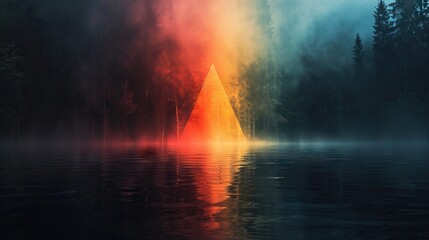 Mystical triangle radiance on foggy lake